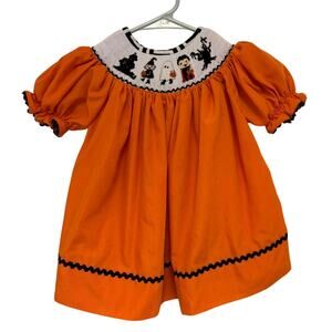Five Little Monkeys Smoked Embroidered Halloween Dress Orange 2T